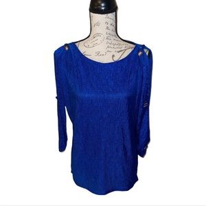 Royal blue cable & gauge soft cold shoulder top